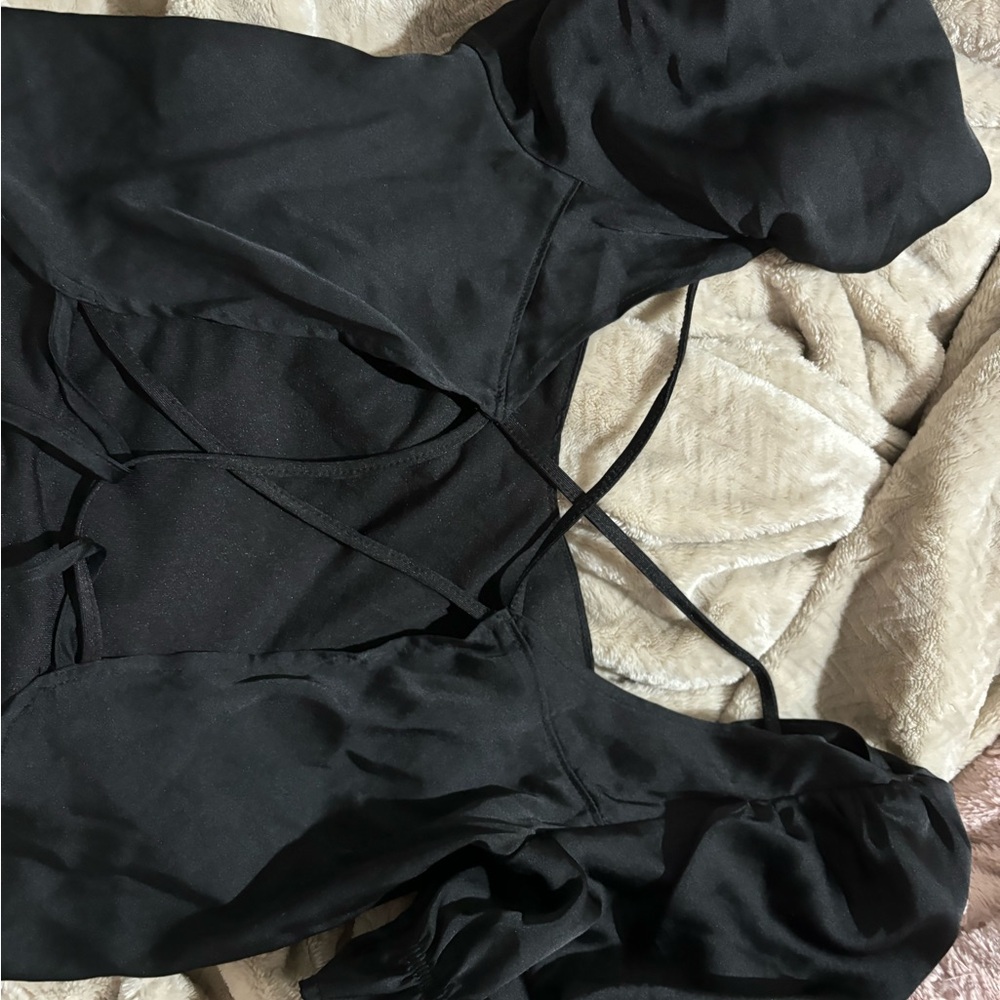 Black Blouse with Short Sleeves and Puffed Sleeves